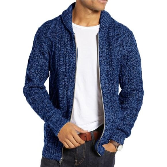 Men's Shawl Neck Cardigan Sweater Cable Knit Zip Up Closure with Pockets Jacket
